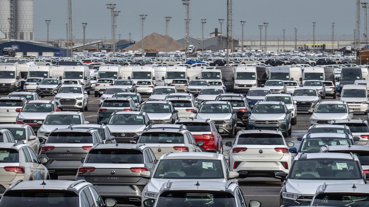 Newly imported cars and vans wait to be delivered to customers after being shipped to Sheerness port, on January 4, 2023 in Sheerness, England.