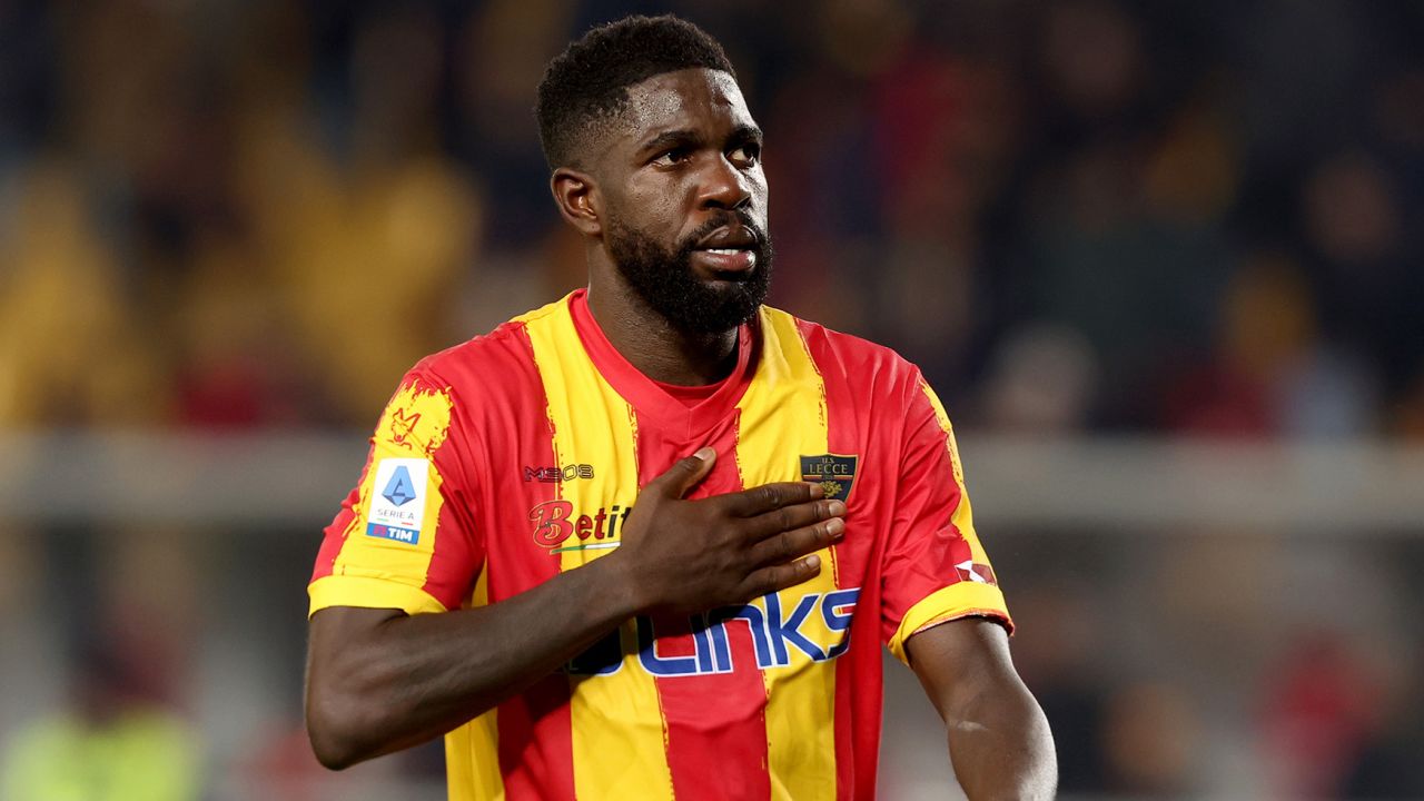 Umtiti leaves the field after Lecce's win against Lazio in Serie A. 