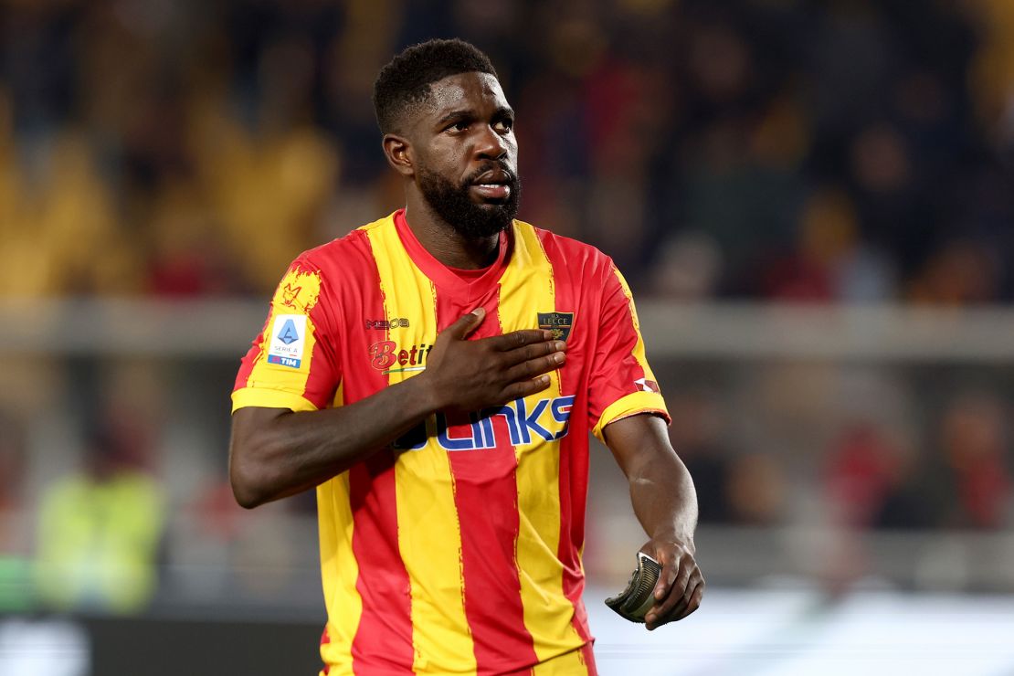 Umtiti leaves the field after Lecce's win against Lazio in Serie A. 