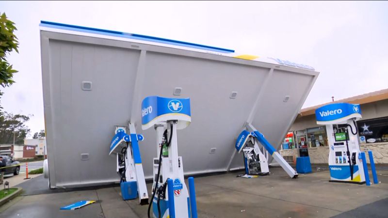 Gas station completely crumples from high winds in California | CNN