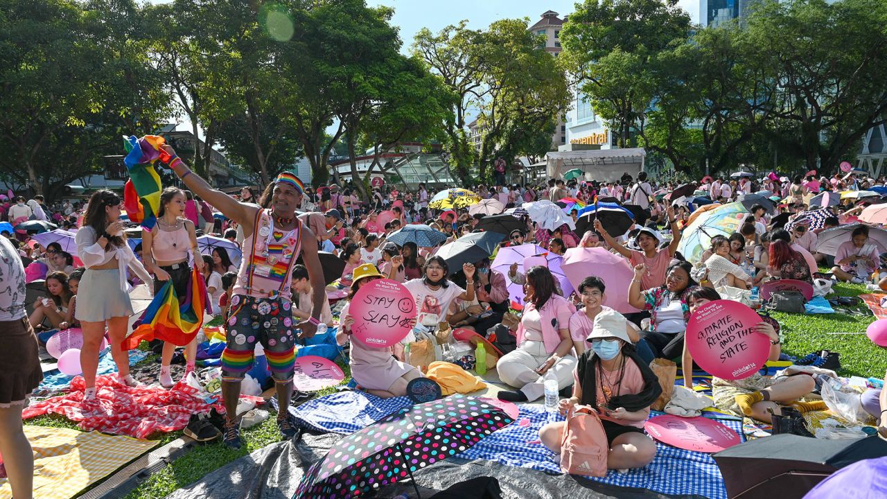 Gay rights supporters attend the annual Pink Dot event in Singapore on June 18, 2022.