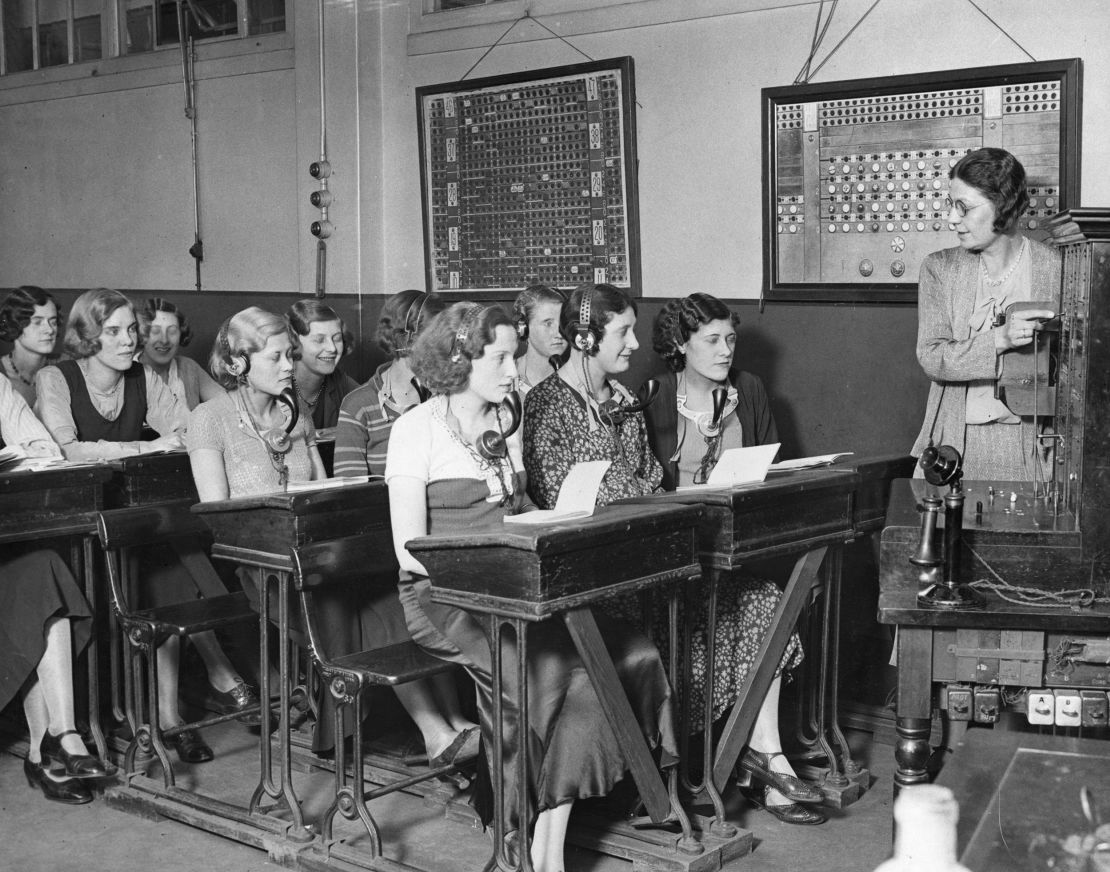 A 'Hello Girls'  school at the Clerkenwell telephone exchange in 1932.