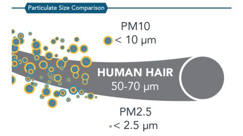 कैलिफ़ोर्निया एयर रिसोर्सेज बोर्ड के एक आरेख से पता चलता है कि मानव बाल की तुलना में PM2.5 कितना छोटा है।  यह महीन कण पदार्थ व्यास में 2.5 माइक्रोन से कम है।