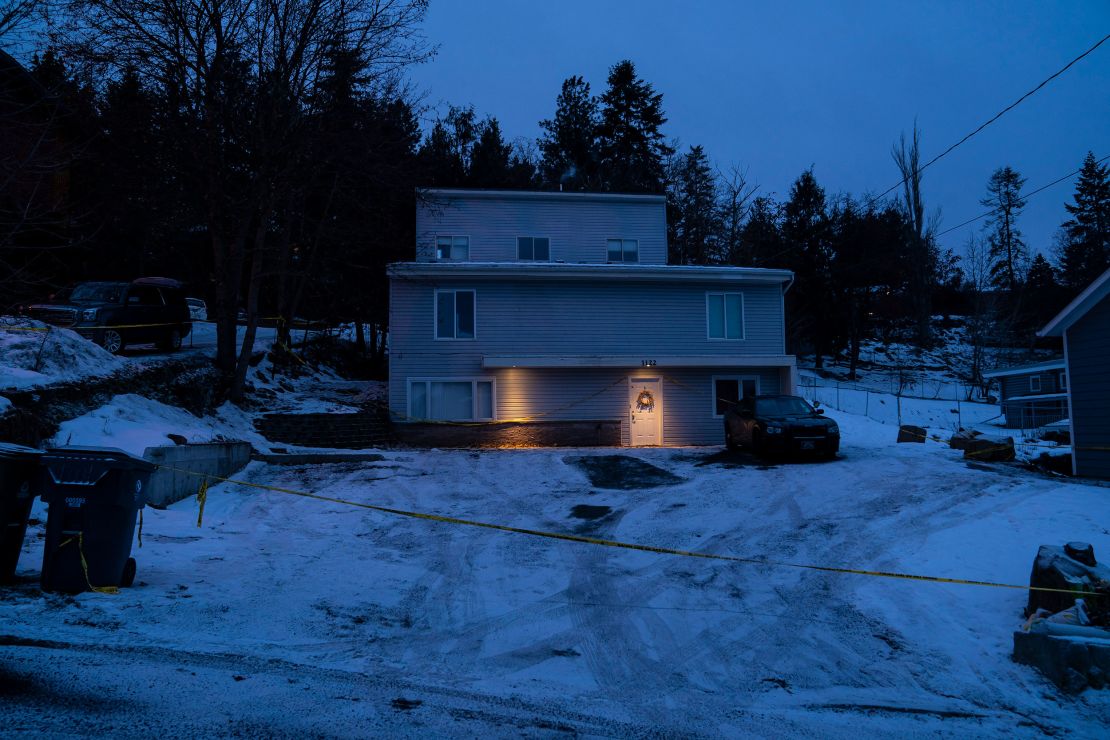 Police tape surrounds the victims' home on January 3 in Moscow, Idaho. 