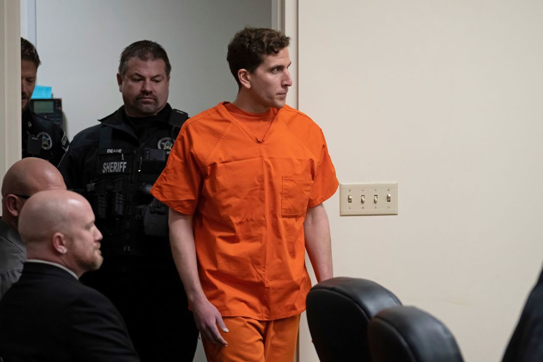 Bryan Kohberger, right, who is accused of killing four University of Idaho students in November 2022, is escorted into a courtroom for a hearing in Latah County District Court on Thursday in Moscow, Idaho. 
