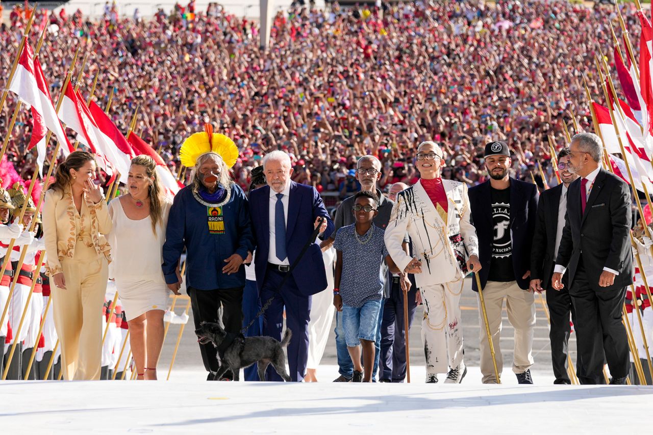 After being <a href="https://www.cnn.com/2023/01/01/americas/brazil-lula-da-silva-inauguration-intl/index.html" target="_blank">sworn in</a> as Brazil's new president, <a href="http://www.cnn.com/2022/10/30/world/gallery/lula-career-life/index.html" target="_blank">Luiz Inácio "Lula" da Silva</a> is accompanied to the Planalto Palace by a group representing diverse segments of society on Sunday, January 1. The 76-year-old politician was returning to the presidency after a 12-year hiatus.