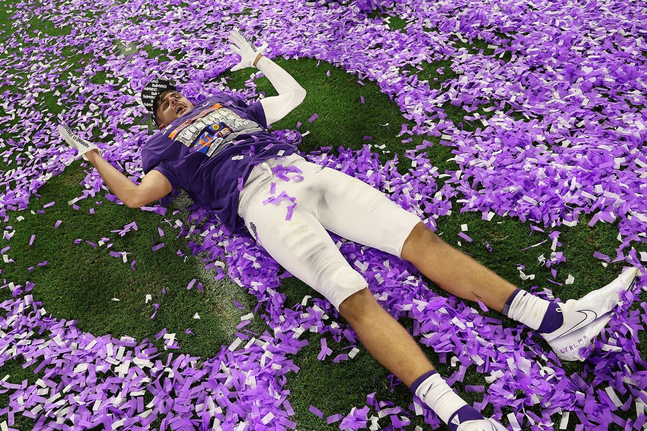 TCU linebacker Ryan Quintanar celebrates amid confetti after the Horned Frogs defeated Michigan on Saturday, December 31, to advance to college football's national championship game. TCU will play Georgia on January 9.