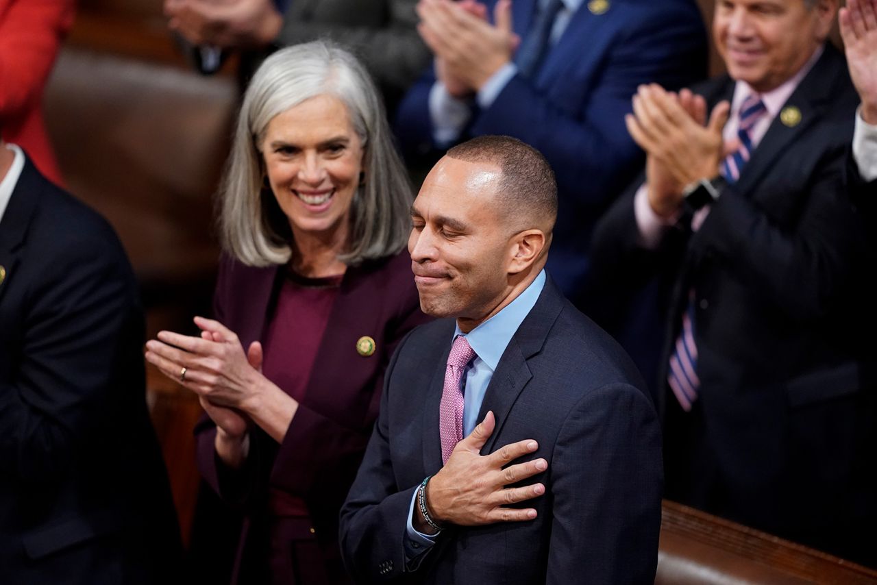 US Rep. Hakeem Jeffries, a Democrat from New York who will become <a href="https://www.cnn.com/2023/01/04/politics/hakeem-jeffries-history-first-black-party-leader/index.html" target="_blank">the first Black lawmaker to lead a party in Congress</a>, acknowledges applause during a House speakership vote on Tuesday, January 3.