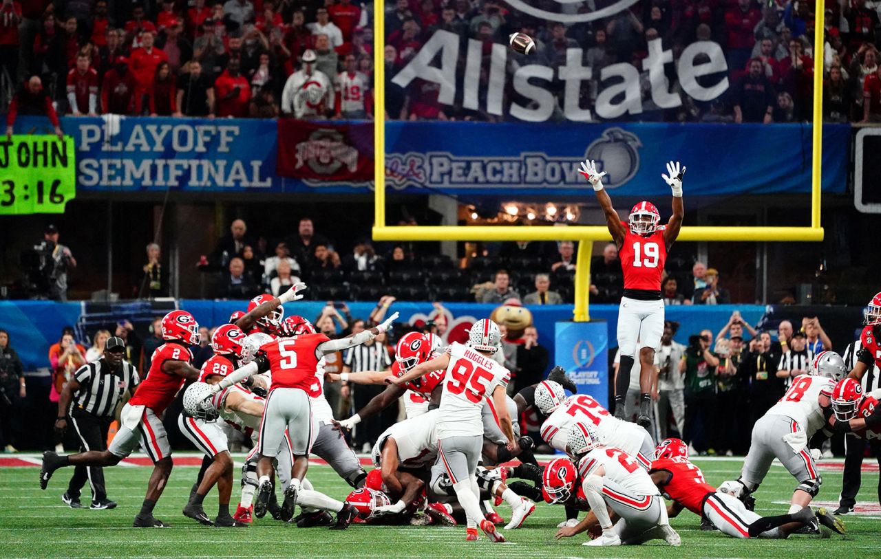 Ohio State kicker Noah Ruggles misses a 50-yard field goal against Georgia at the end of the Peach Bowl on Saturday, December 31. Georgia, the defending national champion, won 42-41 to advance to the title game against TCU.