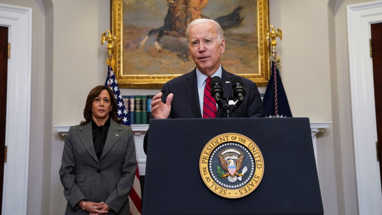 President Joe Biden is flanked by Vice President Kamala Harris as he speaks about US-Mexico border security and enforcement at the White House on January 5, 2023. 