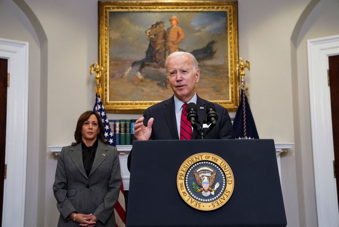 President Joe Biden is flanked by Vice President Kamala Harris as he speaks about US-Mexico border security and enforcement at the White House on January 5, 2023.