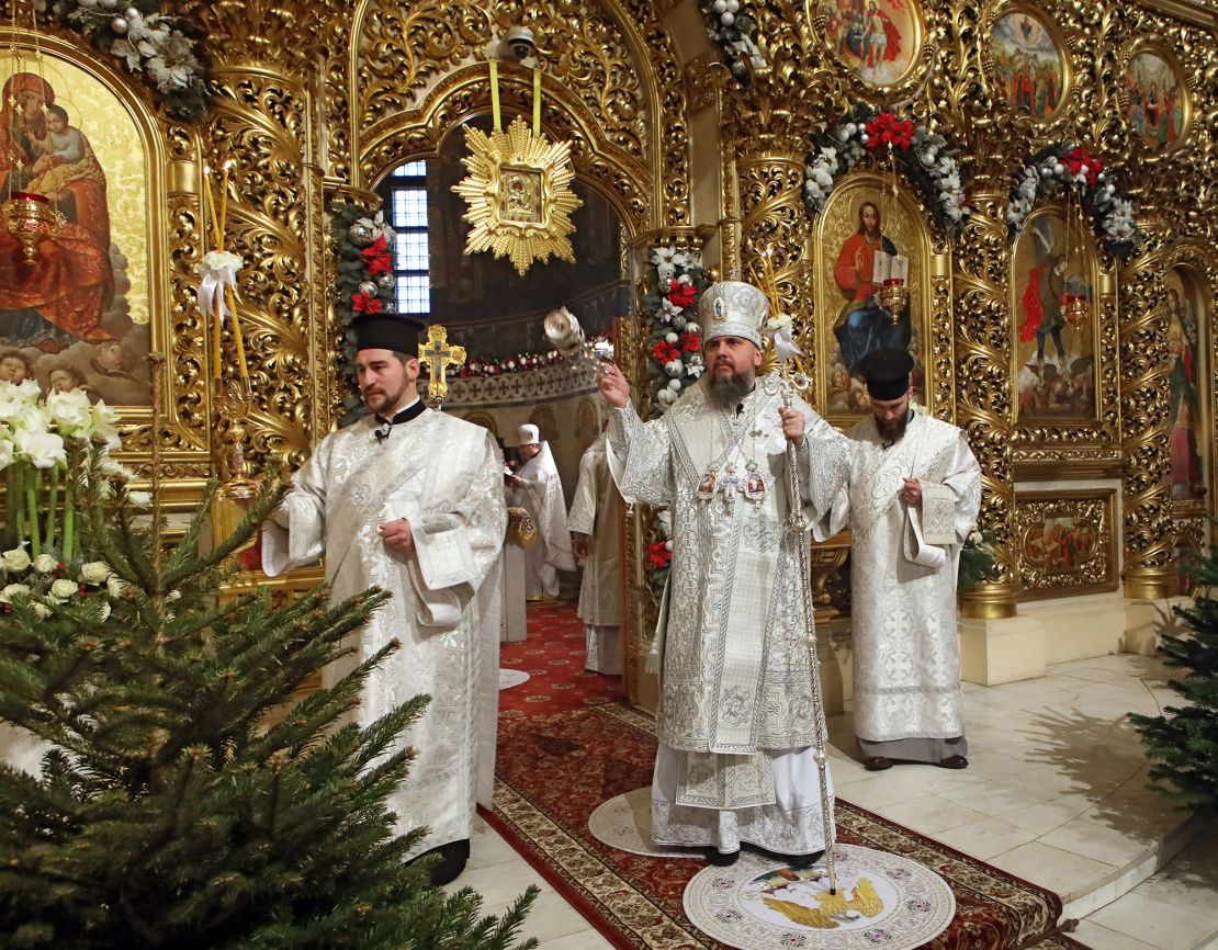 Primate of the Orthodox Church of Ukraine, Metropolitan of Kyiv and Ukraine Epifanii heads the divine liturgy at St Michael's Golden-Domed Cathedral in Kyiv on Christmas, December 7, 2021.