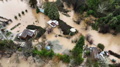 The view from a drone of flooded properties after rainstorms swelled Scotts Creek in Upper Lake, California, on January 5, 2023.  