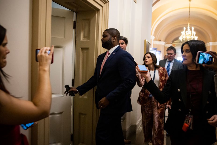 US Rep. Byron Donalds, a Republican from Florida who had been receiving speakership votes, heads to the office of Majority Whip Tom Emmer for continued negotiations on Thursday.