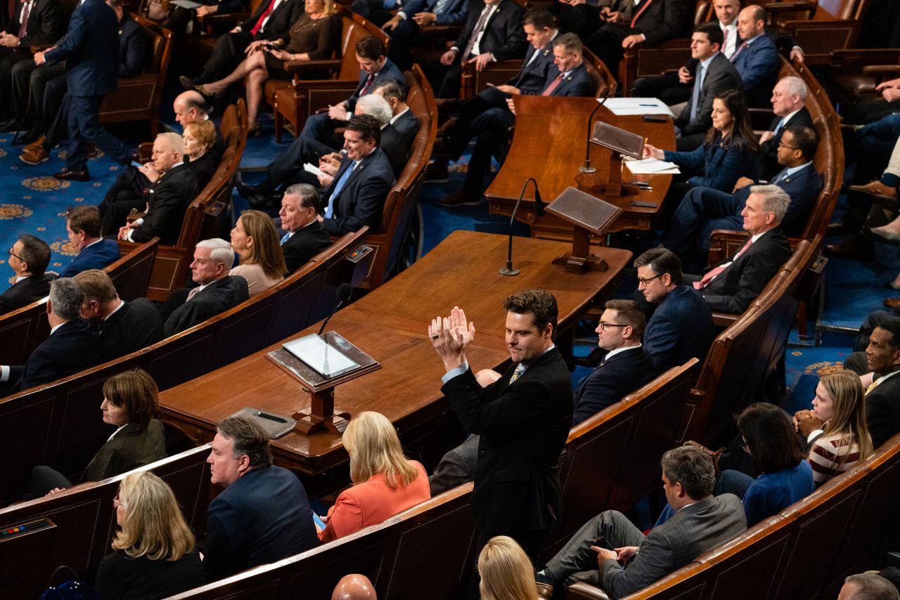 Gaetz applauds during one of Thursday's votes. Gaetz has been one of the Republicans voting against McCarthy, and on Thursday he even cast votes for former President Donald Trump. <a href=