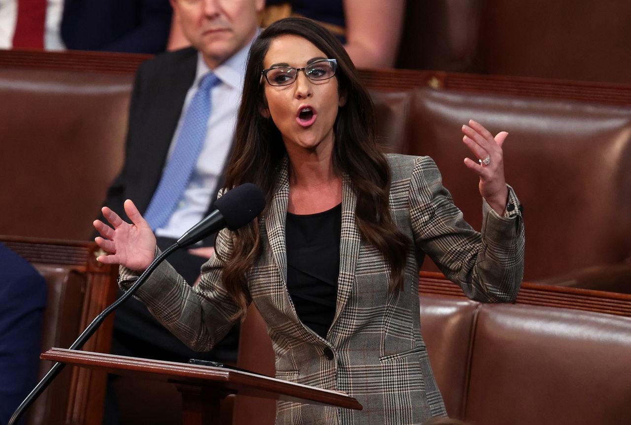 US Rep. Lauren Boebert, another Republican opposing McCarthy, delivers remarks on Thursday. She threw Rep. Kevin Hern's name into the ring, calling him 