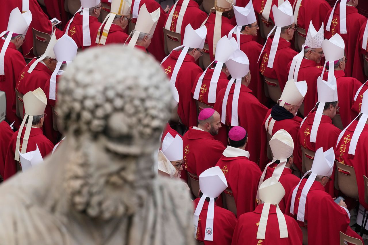 Members of the church wait for the funeral mass for late Pope Emeritus Benedict XVI to begin in St. Peter's Square at the Vatican, on January 5.