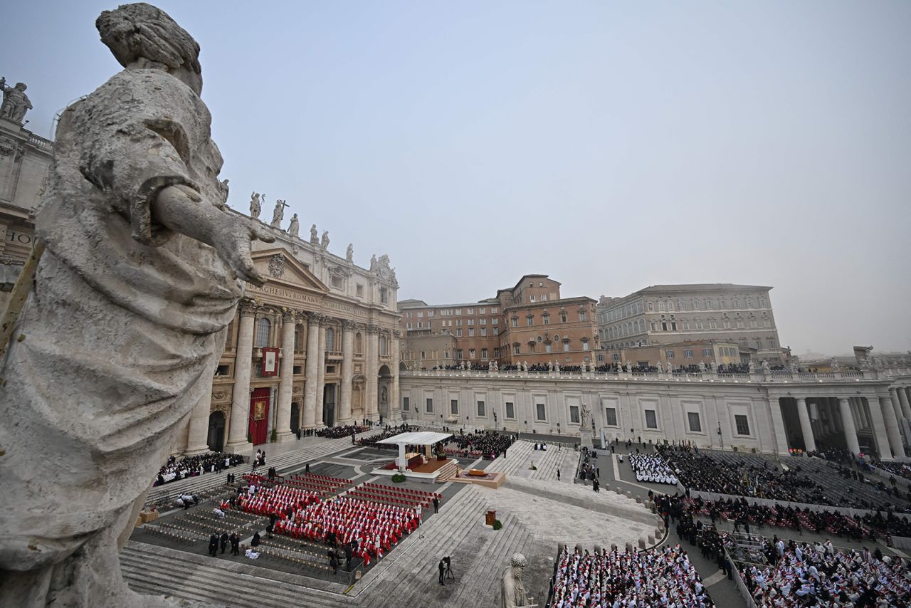 The coffin of Pope Emeritus Benedict XVI is seen at the start of his funeral mass at St. Peter's Square in the Vatican, on January 5, 2023.