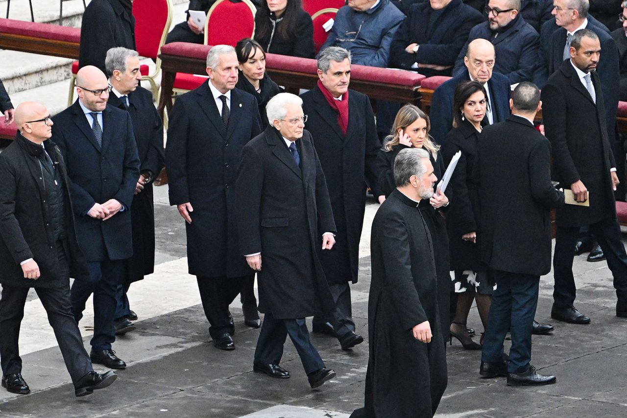 Italian President Sergio Mattarella arrives during the funeral mass of Pope Emeritus Benedict XVI at St. Peter's Square.