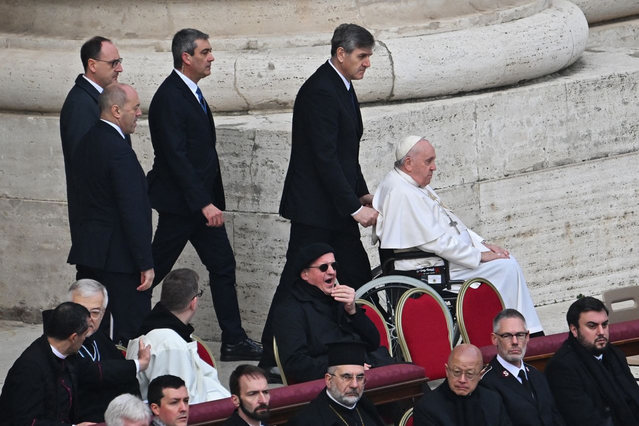 Pope Francis arrives during the funeral mass of Pope Emeritus Benedict XVI at St. Peter's Square in the Vatican.