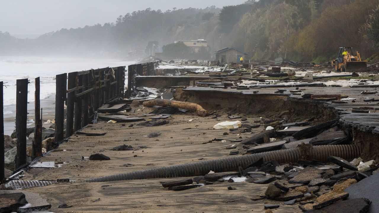 A parking lot at Seacliff State Beach is damaged by heavy storm surge on Thursday, January 5, 2023, in Aptos, California.