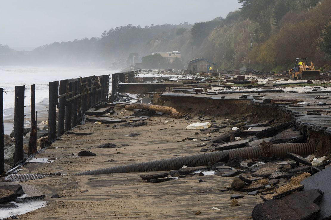 A parking lot at Seacliff State Beach is damaged by heavy storm surge on Thursday, January 5, 2023, in Aptos, California.