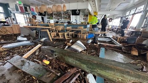 A support piece from the Capitola Wharf is seen inside the storm-damaged Zelda's restaurant in Capitola on January 5, 2023.