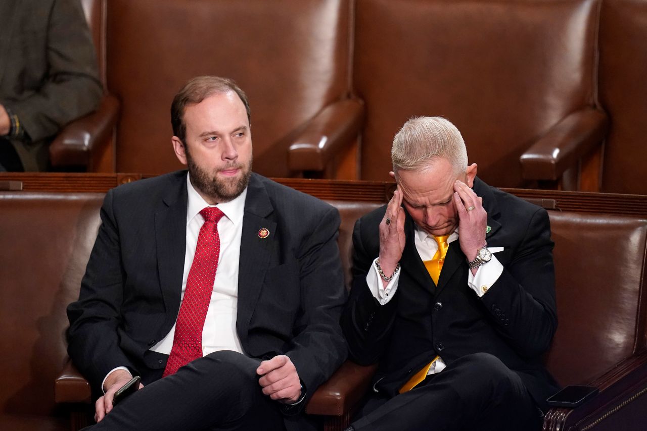 US Rep. Jeff Van Drew, a Republican from New Jersey, rubs his temples before the 10th vote.