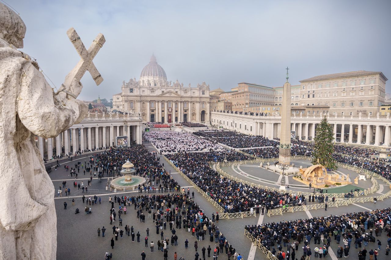 A view of St. Peter's Square with St. Peter's Basilica during the public funeral mass for Pope Emeritus Benedict XVI. 