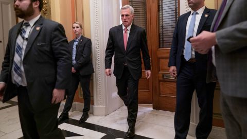 McCarthy leaves a private meeting room off the floor at the US Capitol on January 5, 2023, as he negotiates with lawmakers in his own party to become the speaker of the House.