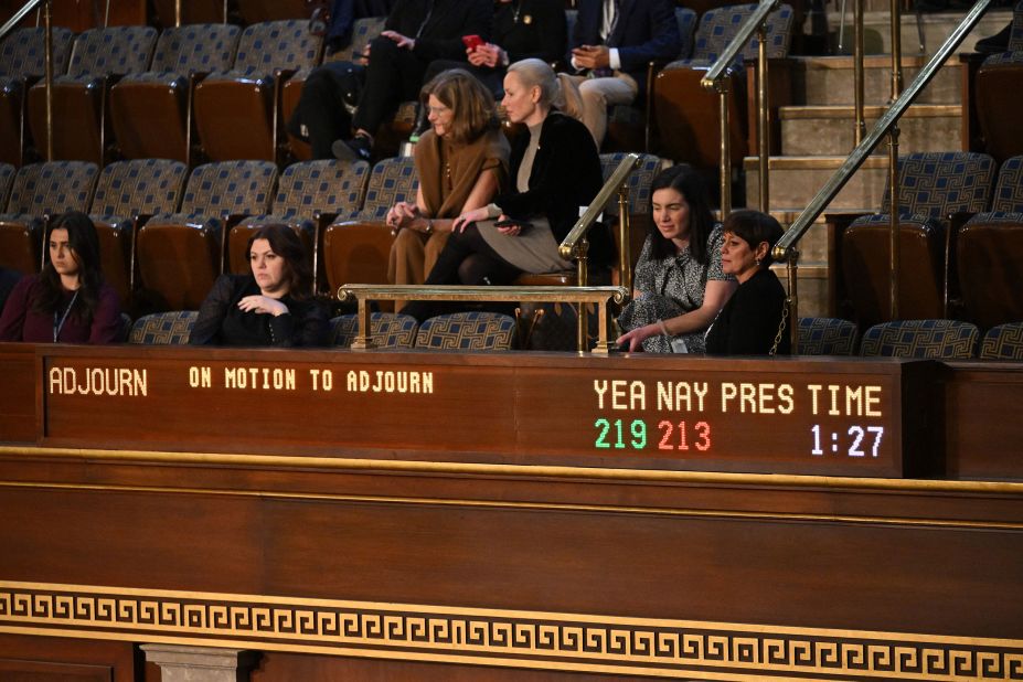 A board displays the vote count on a <a href="https://www.cnn.com/politics/live-news/house-speaker-leadership-vote-01-05-23/h_69b095c1303b5fee218e77dd4bb36ce6" target="_blank">motion to adjourn</a> on Thursday evening. The House voted to adjourn until noon on Friday.