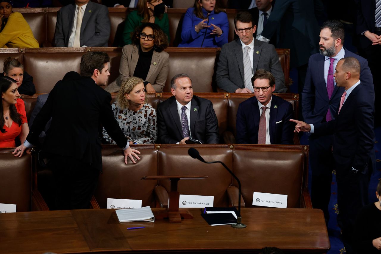 Gaetz, left, and Jeffries, right, speak with other members of the House on Thursday.