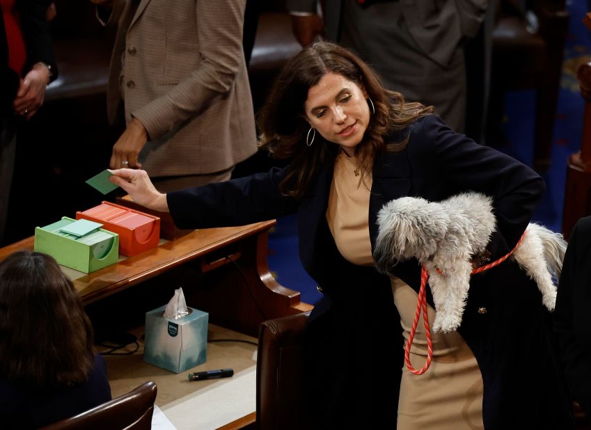 US Rep. Nancy Mace, a Democrat from New York, holds a dog as she casts her vote on a motion to adjourn on Thursday.