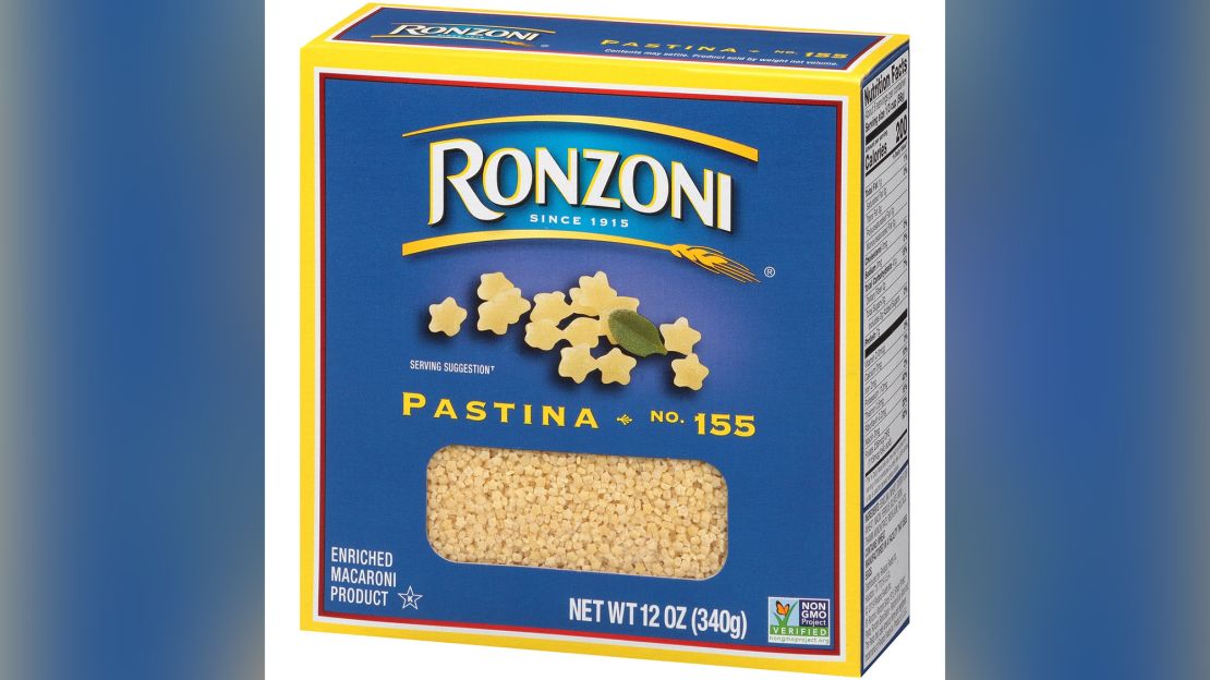 Ronzoni Pastina - Italian for "tiny dough", Pastina is the smallest shape we make; if you look closely, they're in the shape of a five-pointed star.
Pastina works best in light soups. It is often made in single servings for one of toddler's first foods.
Available in 12 oz