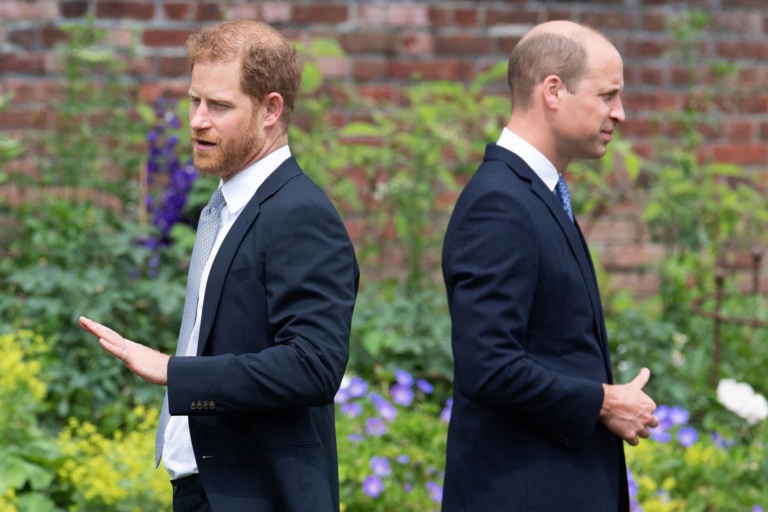 Princes William and Harry at the unveiling of a statue of their mother, Princess Diana, in July 2021