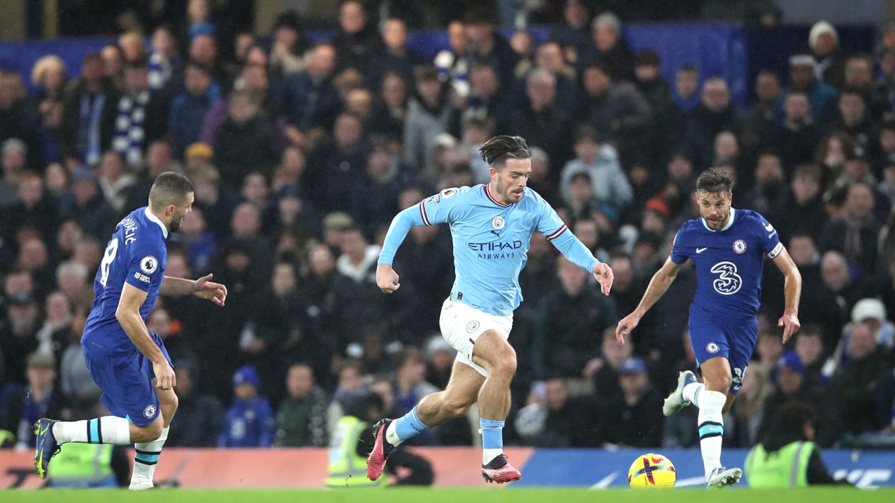 Manchester City's Jack Grealish controls the ball against Chelsea. 