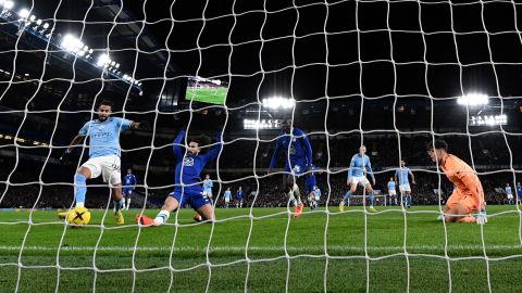 Mahrez scores against Chelsea after Grealish's cross. 