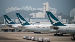 Planes belonging to Cathay Pacific Airways Limited parked at Hong Kong International Airport on November 27, 2022 in Hong Kong, China. 