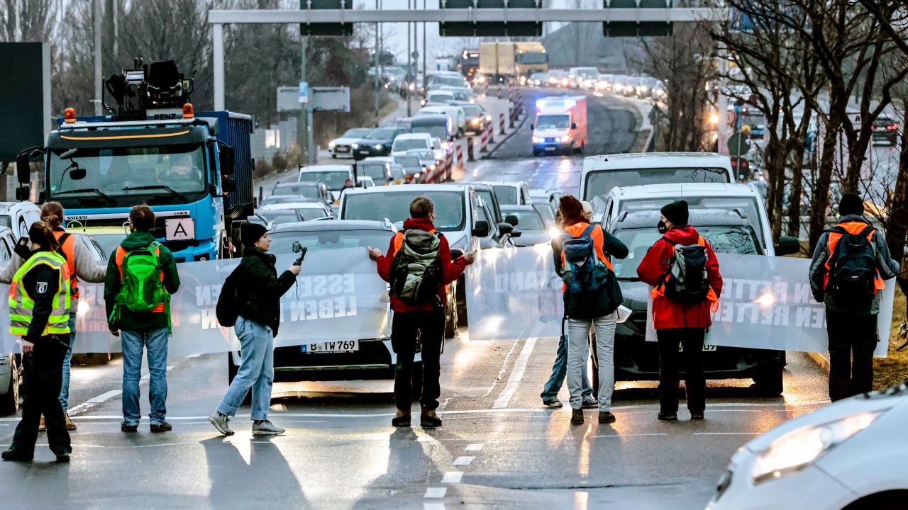 Activists from Letzte Generation block the end of a highway on January 24, 2022 near Berlin, Germany. 