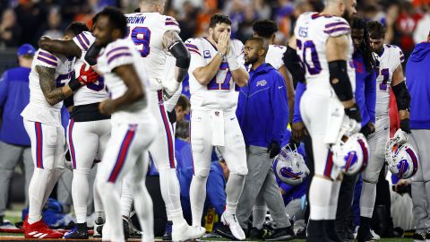 Allen reacts to Hamlin's collapse in the first quarter of the game against the Bengals.