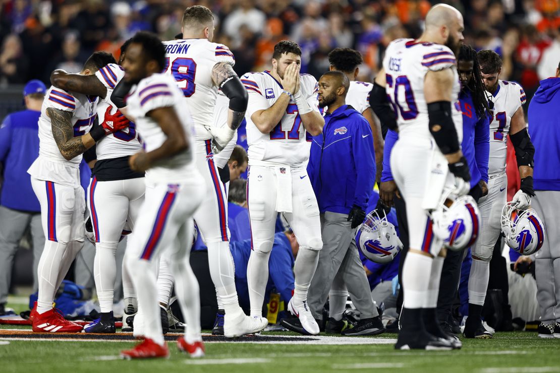 Allen reacts to Hamlin's collapse during the first quarter of the game against the Bengals.