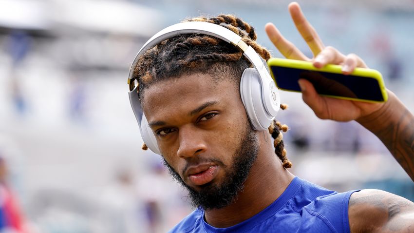 Safety Damar Hamlin #31 of the Buffalo Bills leaves the field after warm-ups before the game against the Jacksonville Jaguars at TIAA Bank Field on November 7, 2021 in Jacksonville, Florida.  The Jaguars defeated the Bills 9 to 6.