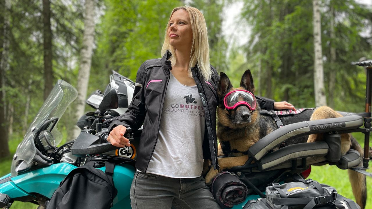 <strong>Motorbike adventure:</strong> Content creator Jess Stone and her German shepherd Moxie, who weighs around 34 kilograms, are currently 10 months into an epic trip that will see them ride through around 90 countries throughout Central America, North and South America, Africa, Europe and Asia. 