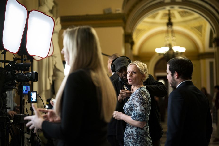 US Rep. Victoria Spartz, a Republican from Indiana, prepares for a television interview. She was among those who flipped to McCarthy on Friday.