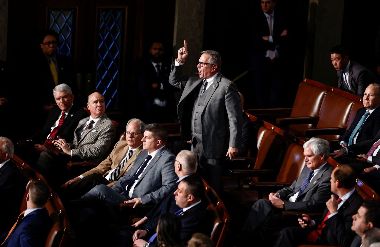 US Rep. Mike Bost, a Republican from Illinois, yells at Gaetz while Gaetz was speaking on Friday.