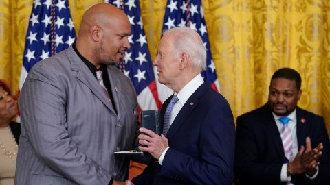 President Joe Biden awards the Presidential Citizens Medal, the nation's second-highest civilian honor, to U.S. Capitol Police Sgt. Harry Dunn during a ceremony to mark the second anniversary of the Jan. 6 assault on the Capitol in the East Room of the White House in Washington, Friday, Jan. 6, 2023.