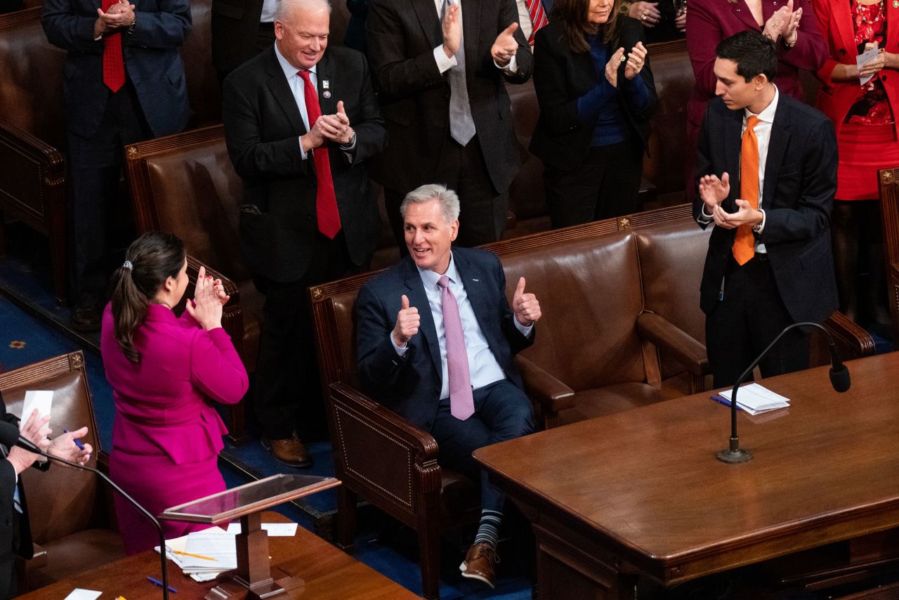 Republican leader Kevin McCarthy gives a thumbs-up as he gained new votes for the House speakership on Friday, January 6.