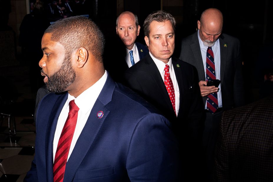 Four of the Republican holdouts who flipped their support to McCarthy on Friday -- from left, Byron Donalds, Dan Bishop, Andy Ogles and Chip Roy -- talk to the media after a vote.