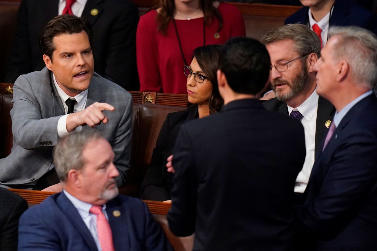 US Rep. Matt Gaetz, a Republican from Florida, points at McCarthy after McCarthy confronted him over his 