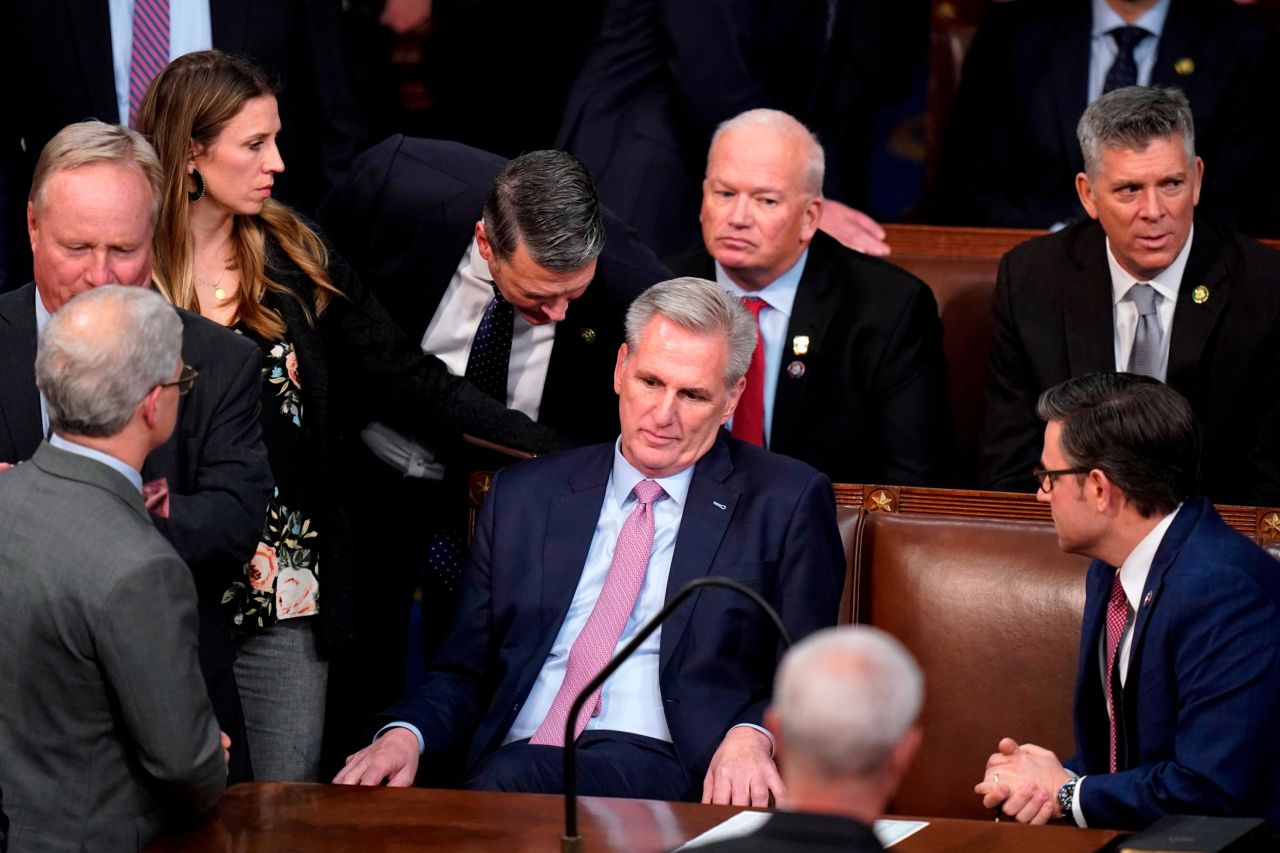 McCarthy reacts after losing the 14th vote.